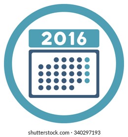 2016 Month Binder vector icon. Style is bicolor flat circled symbol, cyan and blue colors, rounded angles, white background.