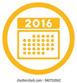 2016 Month Binder vector icon. Style is flat circled symbol, yellow color, rounded angles, white background.