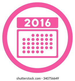 2016 Month Binder vector icon. Style is flat circled symbol, pink color, rounded angles, white background.