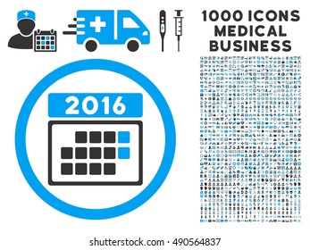 2016 Month Calendar icon with 1000 medical commercial gray and blue vector pictographs. Design style is flat bicolor symbols, white background.