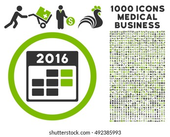 2016 Month Calendar icon with 1000 medical commerce eco green and gray vector pictograms. Design style is flat bicolor symbols, white background.