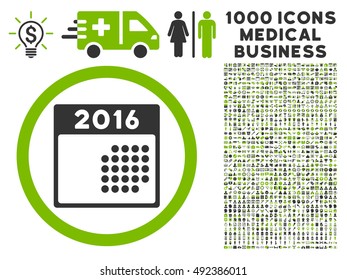 2016 Month Calendar icon with 1000 medical commerce eco green and gray vector pictograms. Design style is flat bicolor symbols, white background.