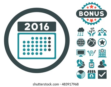 2016 Month Calendar icon with bonus design elements. Vector illustration style is flat iconic bicolor symbols, soft blue colors, white background.