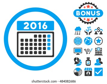 2016 Month Calendar icon with bonus elements. Vector illustration style is flat iconic bicolor symbols, blue and gray colors, white background.