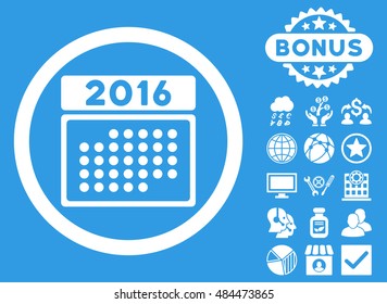 2016 Month Calendar icon with bonus pictures. Vector illustration style is flat iconic symbols, white color, blue background.