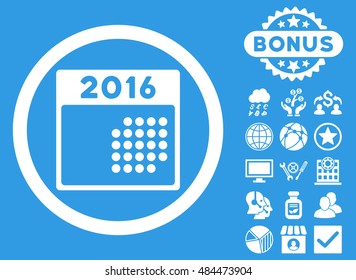 2016 Month Calendar icon with bonus pictogram. Vector illustration style is flat iconic symbols, white color, blue background.