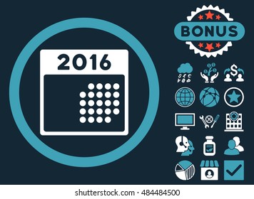 2016 Month Calendar icon with bonus design elements. Vector illustration style is flat iconic bicolor symbols, blue and white colors, dark blue background.