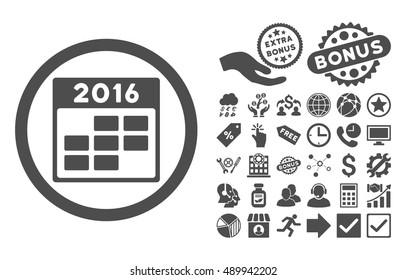 2016 Month Calendar icon with bonus design elements. Vector illustration style is flat iconic symbols, gray color, white background.