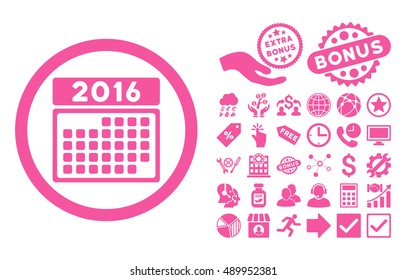 2016 Month Calendar icon with bonus elements. Vector illustration style is flat iconic symbols, pink color, white background.