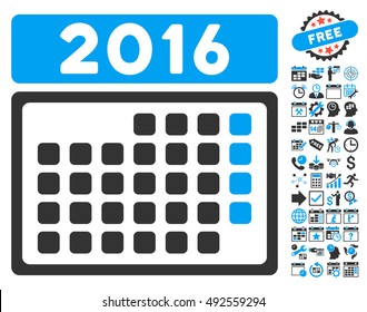 2016 Month Calendar icon with bonus calendar and time management clip art. Vector illustration style is flat iconic bicolor symbols, blue and gray colors, white background.