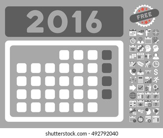 2016 Month Calendar icon with bonus calendar and time management graphic icons. Vector illustration style is flat iconic bicolor symbols, dark gray and white colors, silver background.