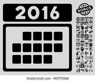 2016 Month Calendar icon with bonus calendar and time management pictograph collection. Vector illustration style is flat iconic symbols, black color, light gray background.
