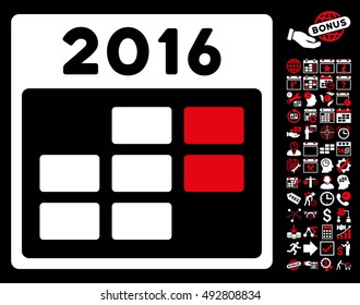 2016 Month Calendar icon with bonus calendar and time management icon set. Vector illustration style is flat iconic bicolor symbols, red and white colors, black background.