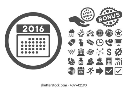 2016 Month Calendar pictograph with bonus pictogram. Vector illustration style is flat iconic symbols, gray color, white background.