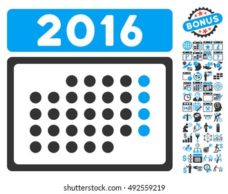 2016 Month Calendar pictograph with bonus calendar and time management icon set. Vector illustration style is flat iconic bicolor symbols, blue and gray colors, white background.