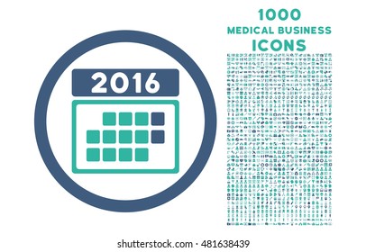 2016 Month Calendar rounded vector bicolor icon with 1000 medical business icons. Set style is flat pictograms, cobalt and cyan colors, white background.