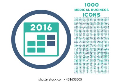 2016 Month Calendar rounded vector bicolor icon with 1000 medical business icons. Set style is flat pictograms, cobalt and cyan colors, white background.