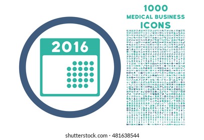 2016 Month Calendar rounded vector bicolor icon with 1000 medical business icons. Set style is flat pictograms, cobalt and cyan colors, white background.