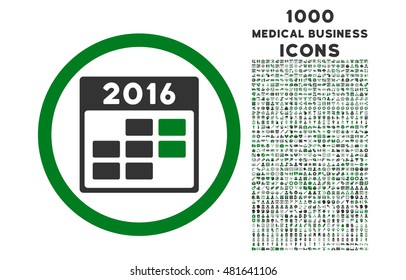 2016 Month Calendar rounded vector bicolor icon with 1000 medical business icons. Set style is flat pictograms, green and gray colors, white background.