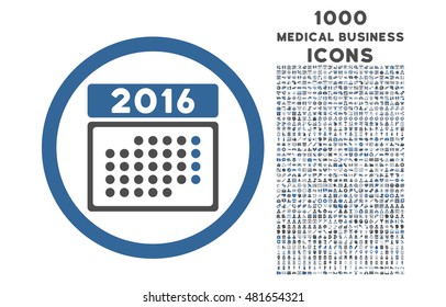 2016 Month Calendar rounded vector bicolor icon with 1000 medical business icons. Set style is flat pictograms, cobalt and gray colors, white background.