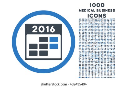 2016 Month Calendar rounded vector bicolor icon with 1000 medical business icons. Set style is flat pictograms, smooth blue colors, white background.