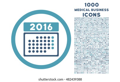 2016 Month Calendar rounded vector bicolor icon with 1000 medical business icons. Set style is flat pictograms, cyan and blue colors, white background.