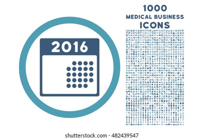2016 Month Calendar rounded vector bicolor icon with 1000 medical business icons. Set style is flat pictograms, cyan and blue colors, white background.
