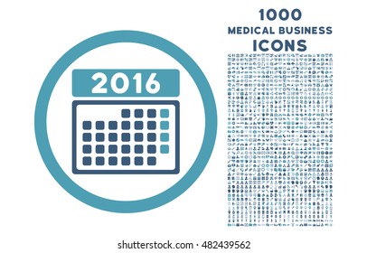 2016 Month Calendar rounded vector bicolor icon with 1000 medical business icons. Set style is flat pictograms, cyan and blue colors, white background.