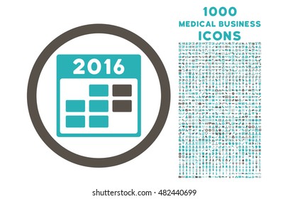 2016 Month Calendar rounded vector bicolor icon with 1000 medical business icons. Set style is flat pictograms, grey and cyan colors, white background.