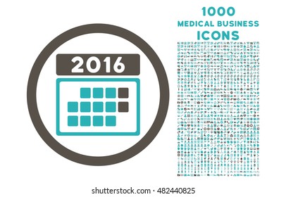 2016 Month Calendar rounded vector bicolor icon with 1000 medical business icons. Set style is flat pictograms, grey and cyan colors, white background.