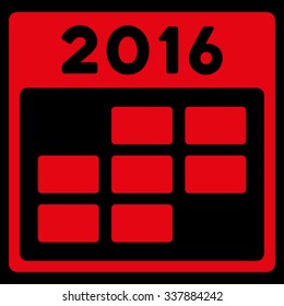 2016 Month Calendar vector icon. Style is flat symbol, red color, rounded angles, black background.