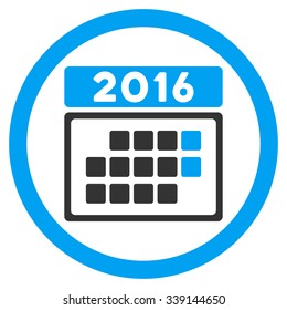 2016 Month Calendar vector icon. Style is bicolor flat circled symbol, blue and gray colors, rounded angles, white background.