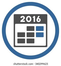 2016 Month Calendar vector icon. Style is bicolor flat circled symbol, cobalt and gray colors, rounded angles, white background.