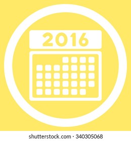 2016 Month Calendar vector icon. Style is flat circled symbol, white color, rounded angles, yellow background.