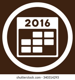 2016 Month Calendar vector icon. Style is flat circled symbol, white color, rounded angles, brown background.