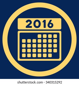 2016 Month Calendar vector icon. Style is flat circled symbol, yellow color, rounded angles, blue background.