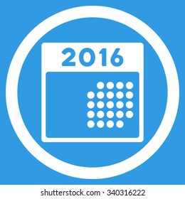 2016 Month Calendar vector icon. Style is flat circled symbol, white color, rounded angles, blue background.