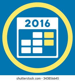 2016 Month Calendar vector icon. Style is bicolor flat circled symbol, yellow and white colors, rounded angles, blue background.