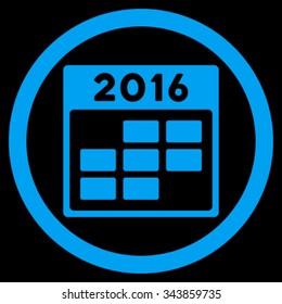 2016 Month Calendar vector icon. Style is flat circled symbol, blue color, rounded angles, black background.