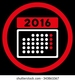 2016 Month Calendar vector icon. Style is bicolor flat circled symbol, red and white colors, rounded angles, black background.