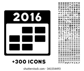 2016 Month Calendar vector pictogram with additional 300 date and time management icons. Style is flat symbols, black color, rounded angles, white background.