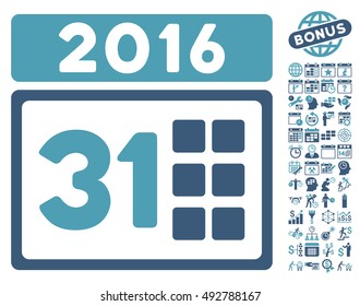 2016 Month icon with bonus calendar and time management clip art. Vector illustration style is flat iconic bicolor symbols, cyan and blue colors, white background.