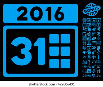 2016 Month icon with bonus calendar and time management clip art. Vector illustration style is flat iconic symbols, blue color, black background.