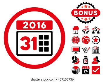 2016 Month icon with bonus design elements. Vector illustration style is flat iconic bicolor symbols, intensive red and black colors, white background.