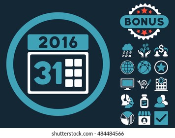 2016 Month icon with bonus images. Vector illustration style is flat iconic bicolor symbols, blue and white colors, dark blue background.