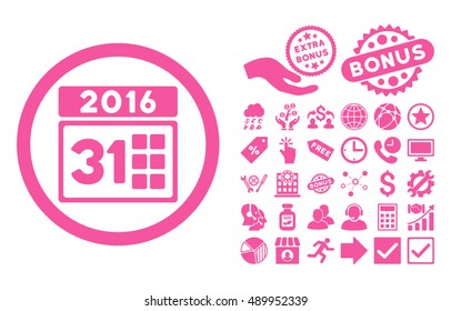 2016 Month icon with bonus icon set. Vector illustration style is flat iconic symbols, pink color, white background.