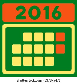 2016 Month Organizer vector icon. Style is bicolor flat symbol, orange and yellow colors, rounded angles, green background.