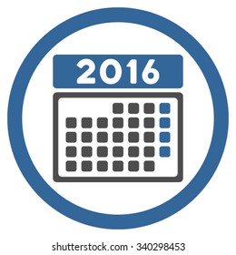 2016 Month Organizer vector icon. Style is bicolor flat circled symbol, cobalt and gray colors, rounded angles, white background.