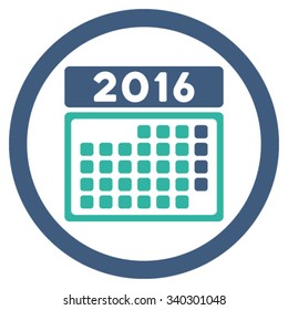 2016 Month Organizer vector icon. Style is bicolor flat circled symbol, cobalt and cyan colors, rounded angles, white background.