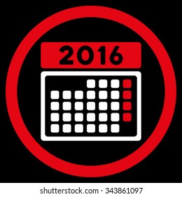 2016 Month Organizer vector icon. Style is bicolor flat circled symbol, red and white colors, rounded angles, black background.